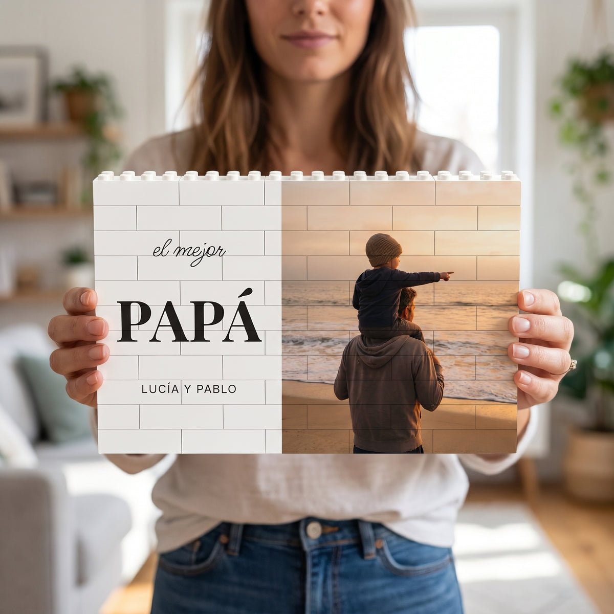 Cuadro de bloques para papá con foto, en la mano