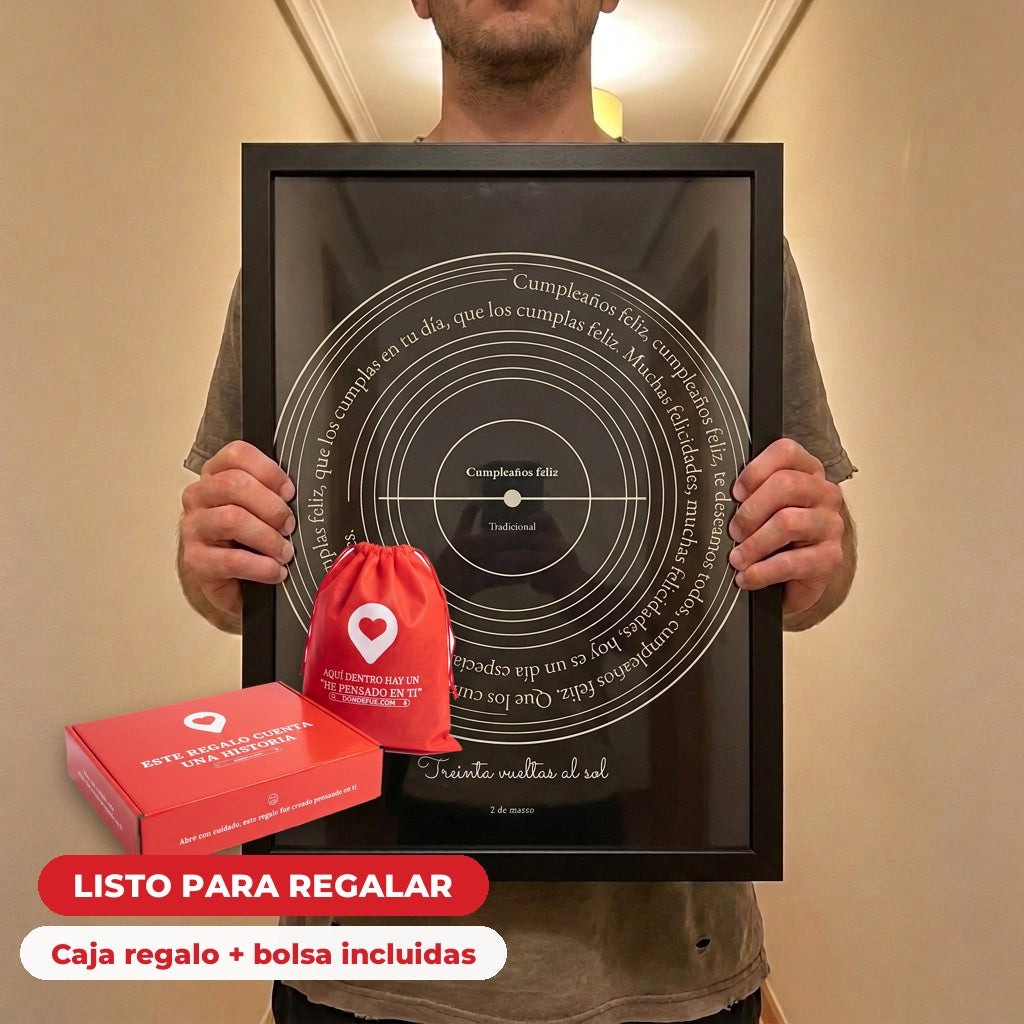 Cuadro canción personalizado cumpleaños — llega en su caja regalo con bolsa, listo para regalar