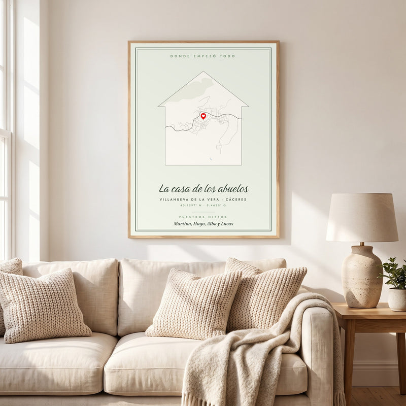 Cuadro «La casa de los abuelos» con el mapa del pueblo, marco negro