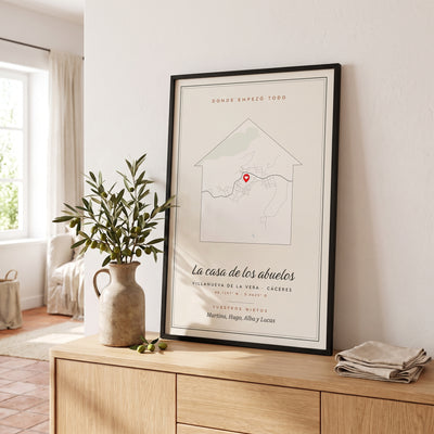 Quadro «A casa dos avós» com o mapa da sua terra