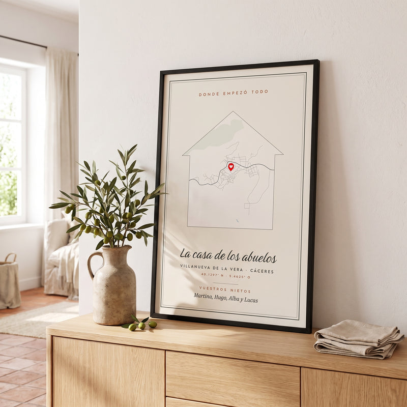 Cuadro «La casa de los abuelos» con el mapa del pueblo, marco negro