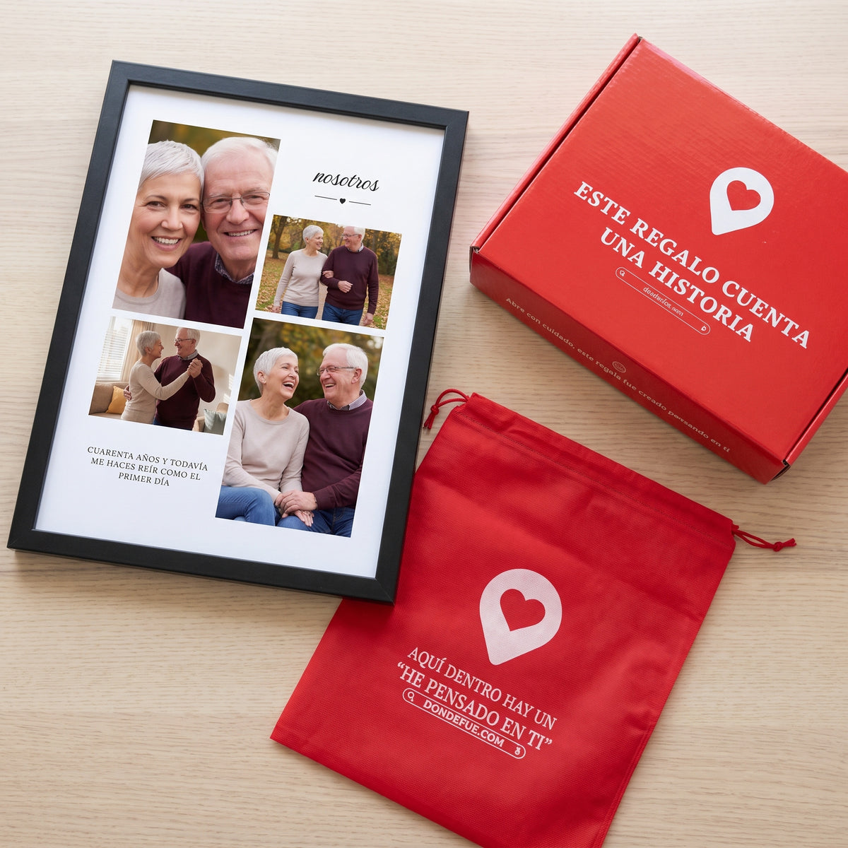 El cuadro collage junto a la caja roja y la bolsa de tela roja en que se envía