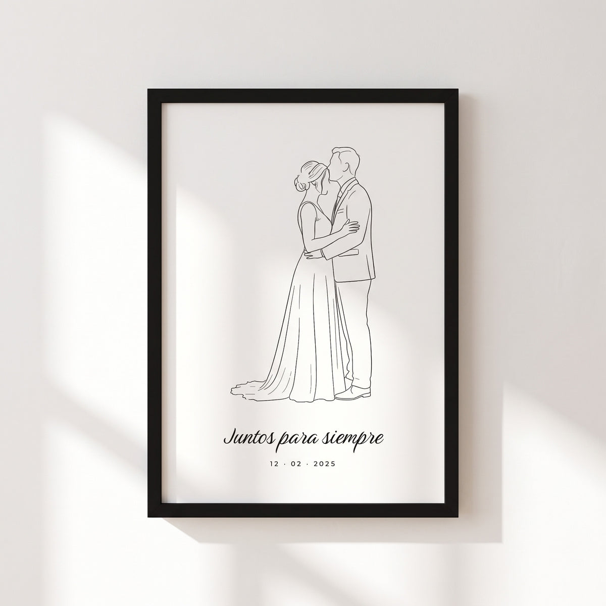 Cuadro de arte lineal con el dibujo de una pareja de novios hecho a partir de su foto, la frase Juntos para siempre y la fecha, marco negro