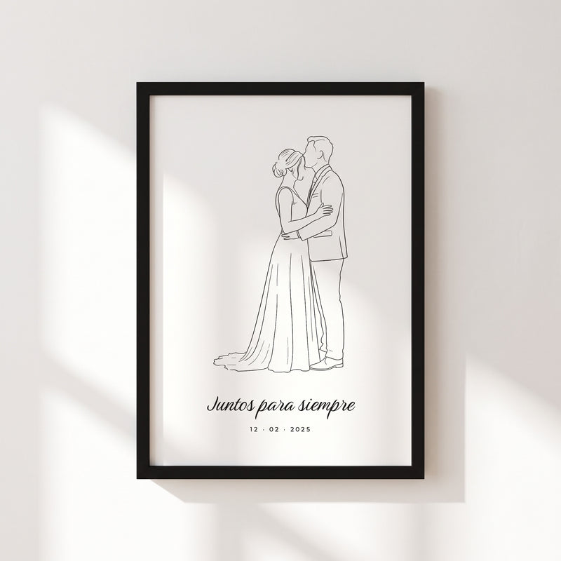 Cuadro de arte lineal con el dibujo de una pareja de novios hecho a partir de su foto, la frase Juntos para siempre y la fecha, marco negro