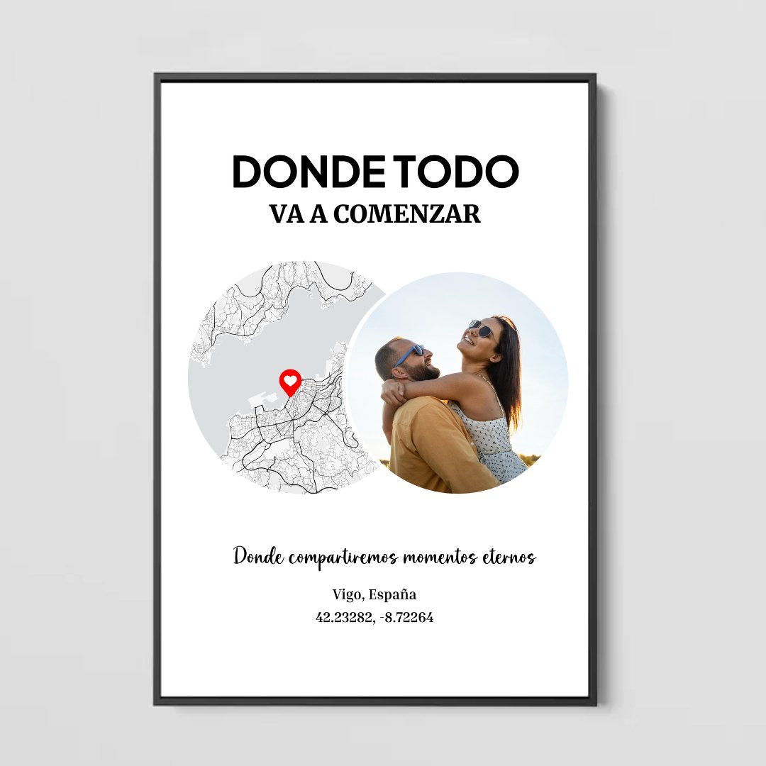 Cuadro personalizado Donde todo va a comenzar con el mapa de Vigo, una foto de pareja y las coordenadas