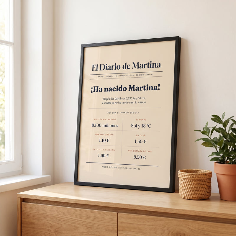 Cuadro «El día que naciste» con portada de periódico con el nombre Martina, marco negro, en un dormitorio infantil