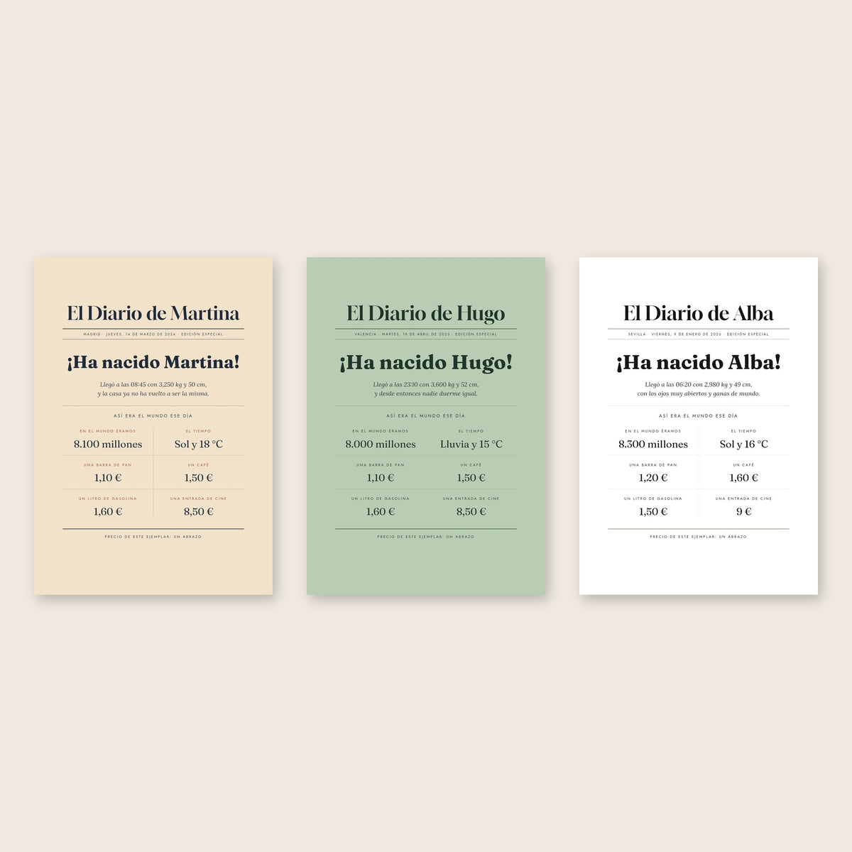 Cuadro «El día que naciste» con portada de periódico en tres colores de papel: latte, salvia y blanco