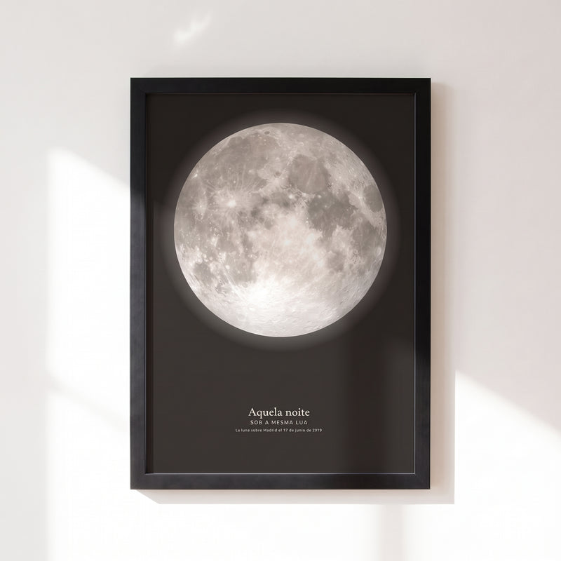 Cuadro fase lunar con la luna llena de la noche del 17 de junio de 2019 sobre Madrid en fondo negro, con Aquella noche, Bajo la misma luna y la fecha, con marco negro