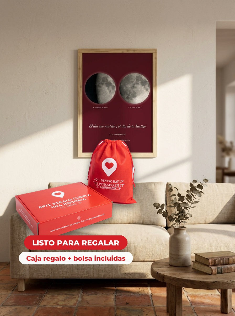 Cuadro fase lunar personalizado bautizo — llega en su caja regalo con bolsa, listo para regalar