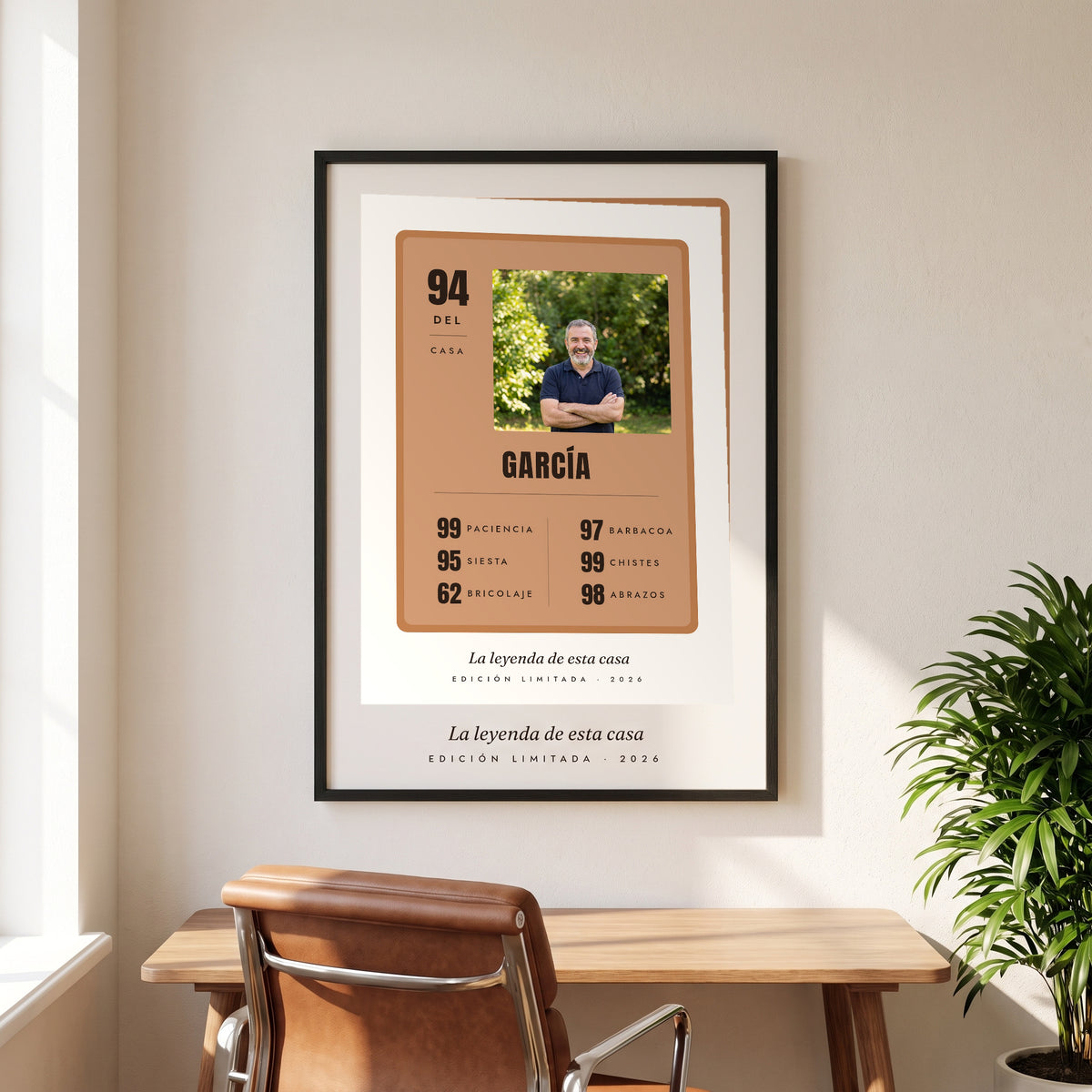 Cuadro «Ficha de leyenda» personalizado, cromo de jugador con su foto, colgado sobre el escritorio del despacho