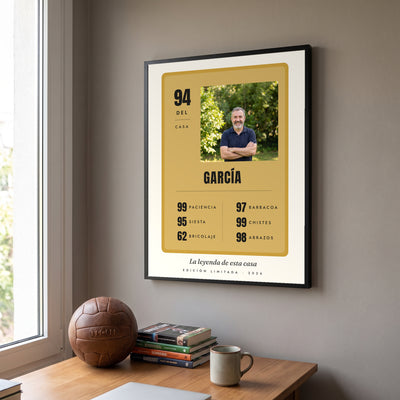 Quadro «Ficha de lenda» personalizado, cromo de jogador com a foto