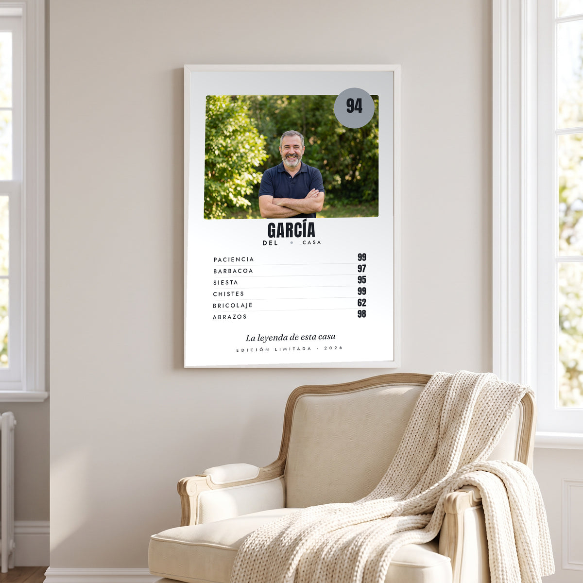 Cuadro «Ficha de leyenda» personalizado, cromo de jugador con la foto de papá, en formato ficha plateado con marco blanco sobre un sillón