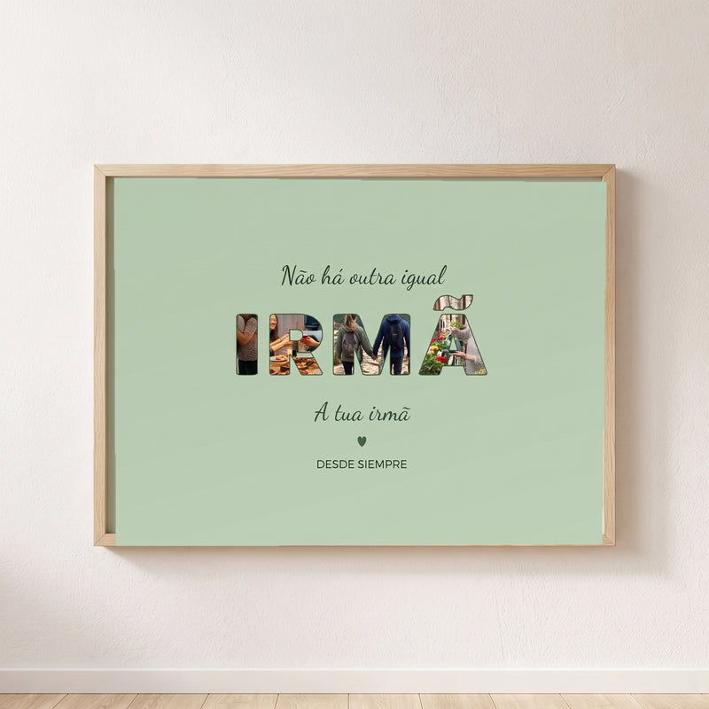 Quadro personalizado para tu hermana con fotos dentro de las letras, enmarcado y colgado en una pared clara