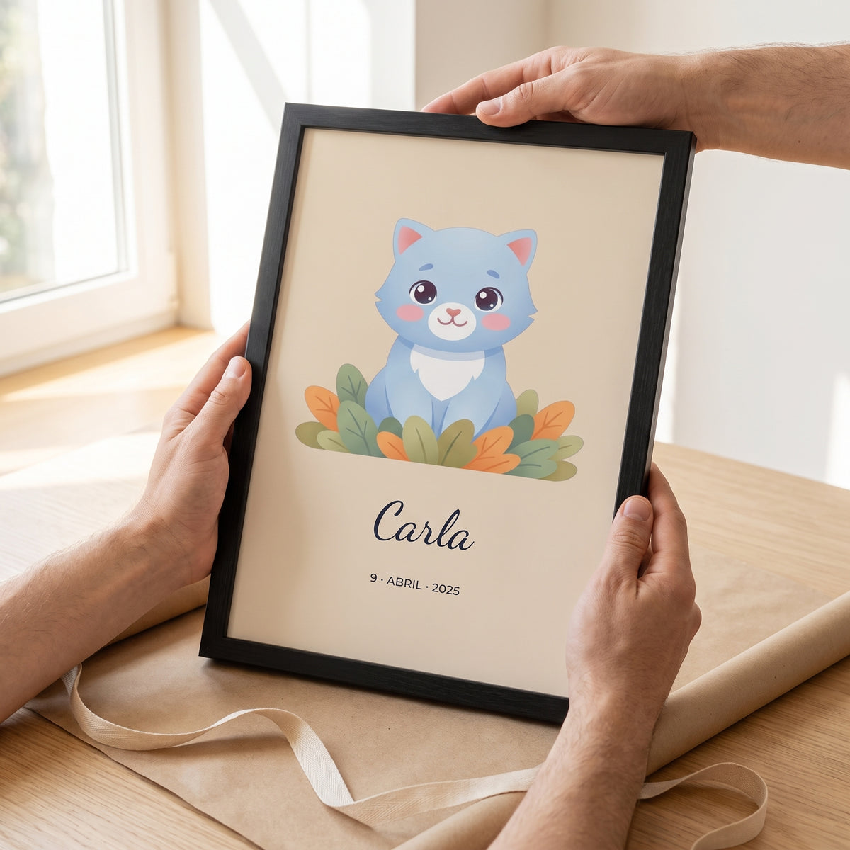 Cuadro infantil personalizado con animalito y nombre con gatito y el nombre Carla, en las manos para ver su tamaño, listo para regalar