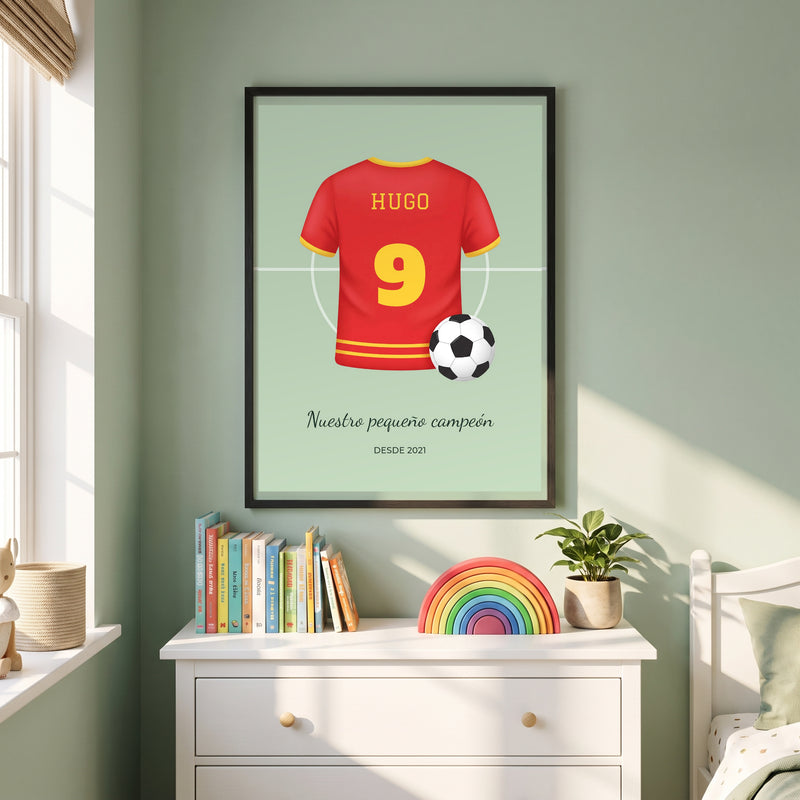 Cuadro infantil personalizado camiseta de fútbol roja con nombre y dorsal, marco negro