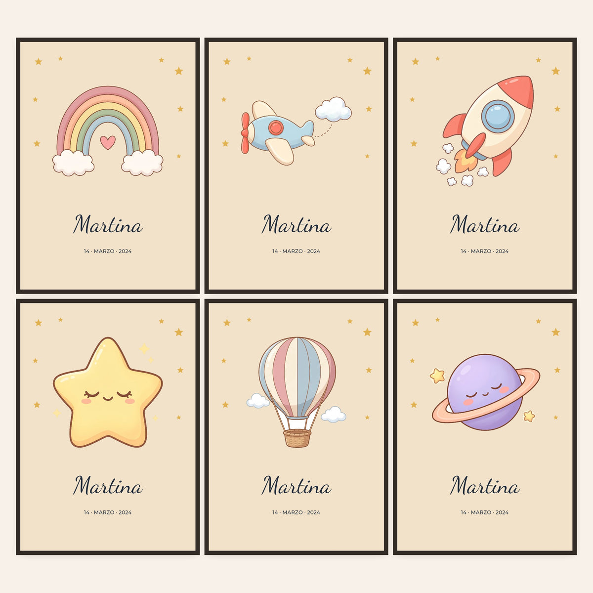 Cuadro infantil personalizado con nombre y dibujo del cielo: todos los diseños para elegir