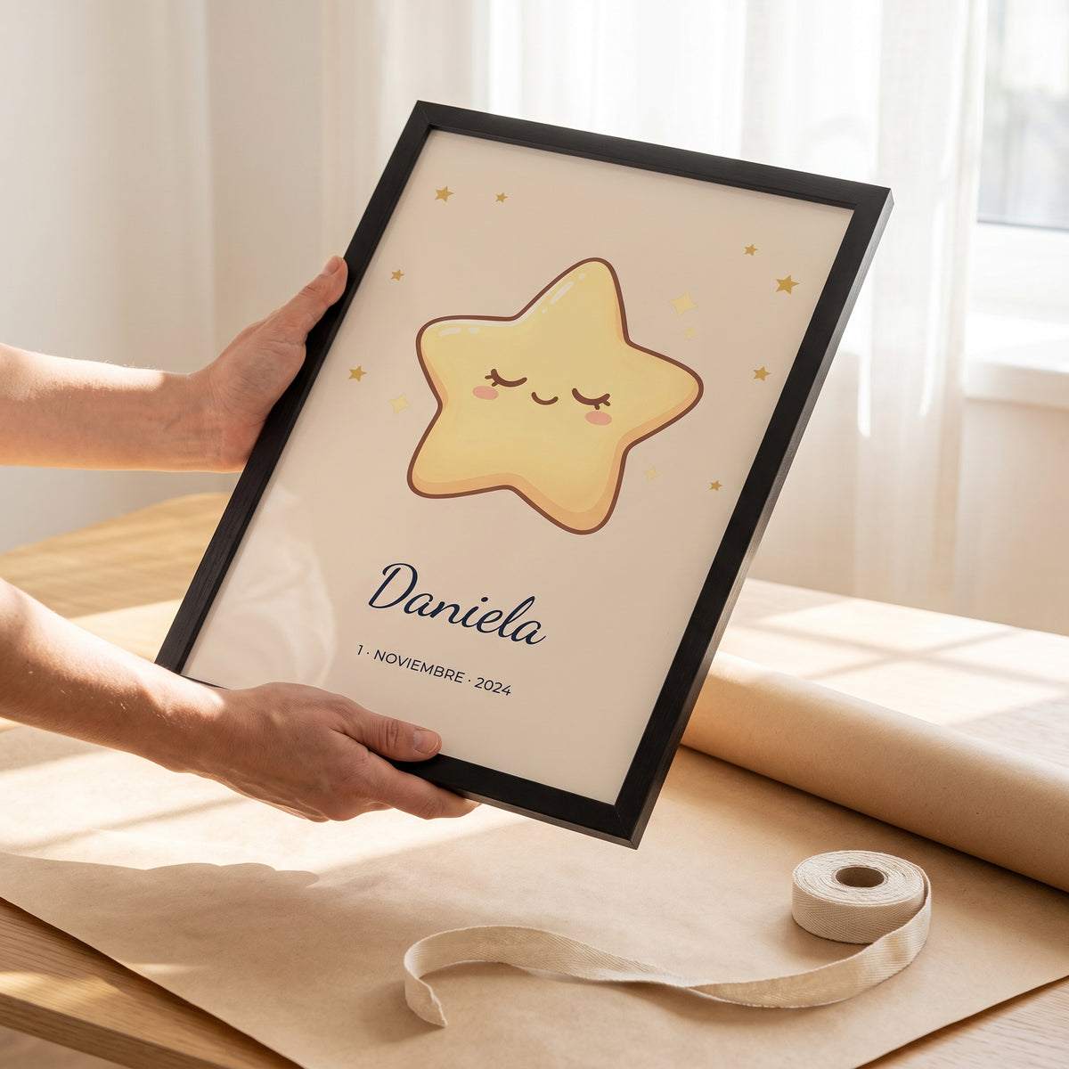 Cuadro infantil personalizado con nombre y dibujo del cielo con estrella y el nombre Daniela, en las manos para ver su tamaño, listo para regalar