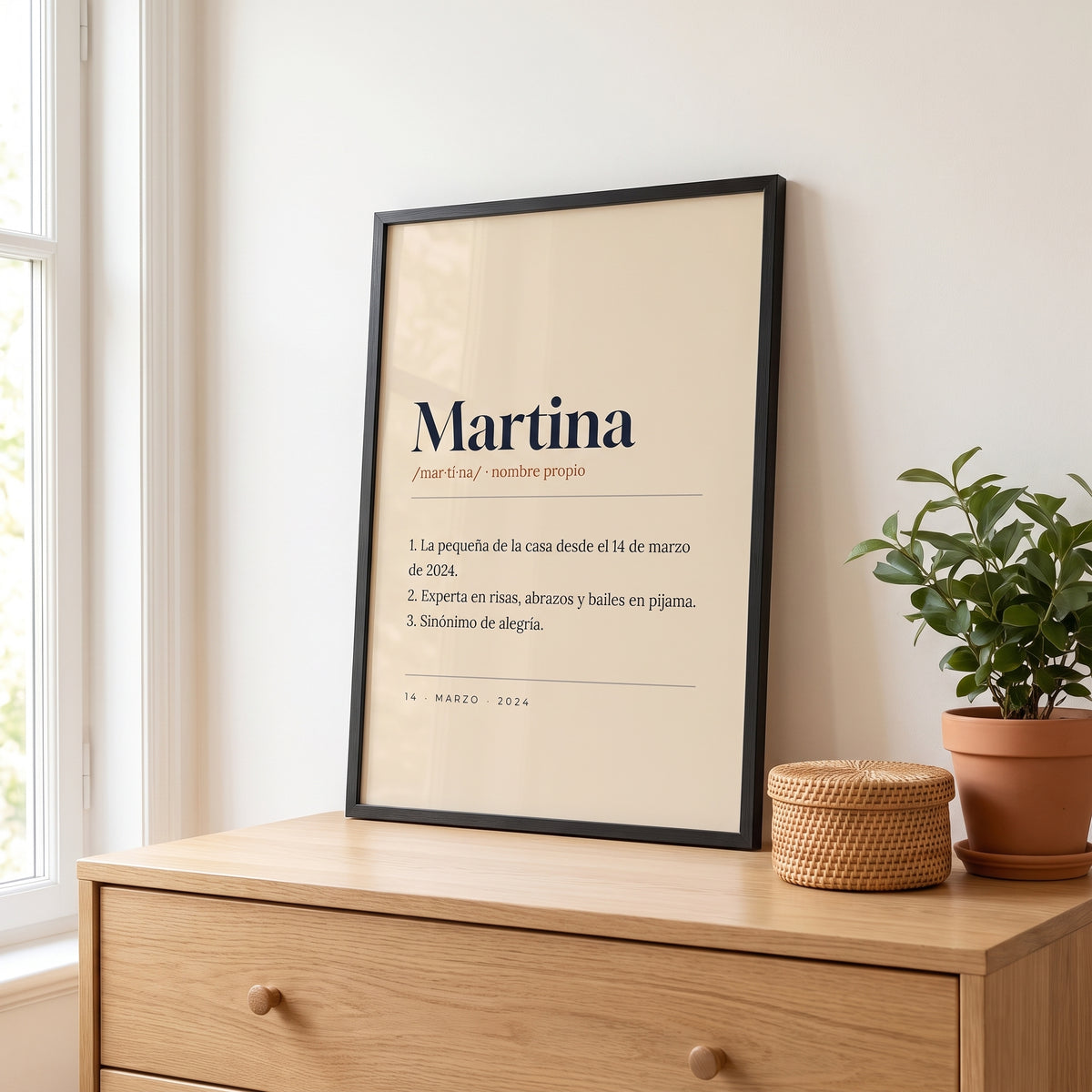 Cuadro personalizado con la definición del nombre Martina como en el diccionario, marco negro