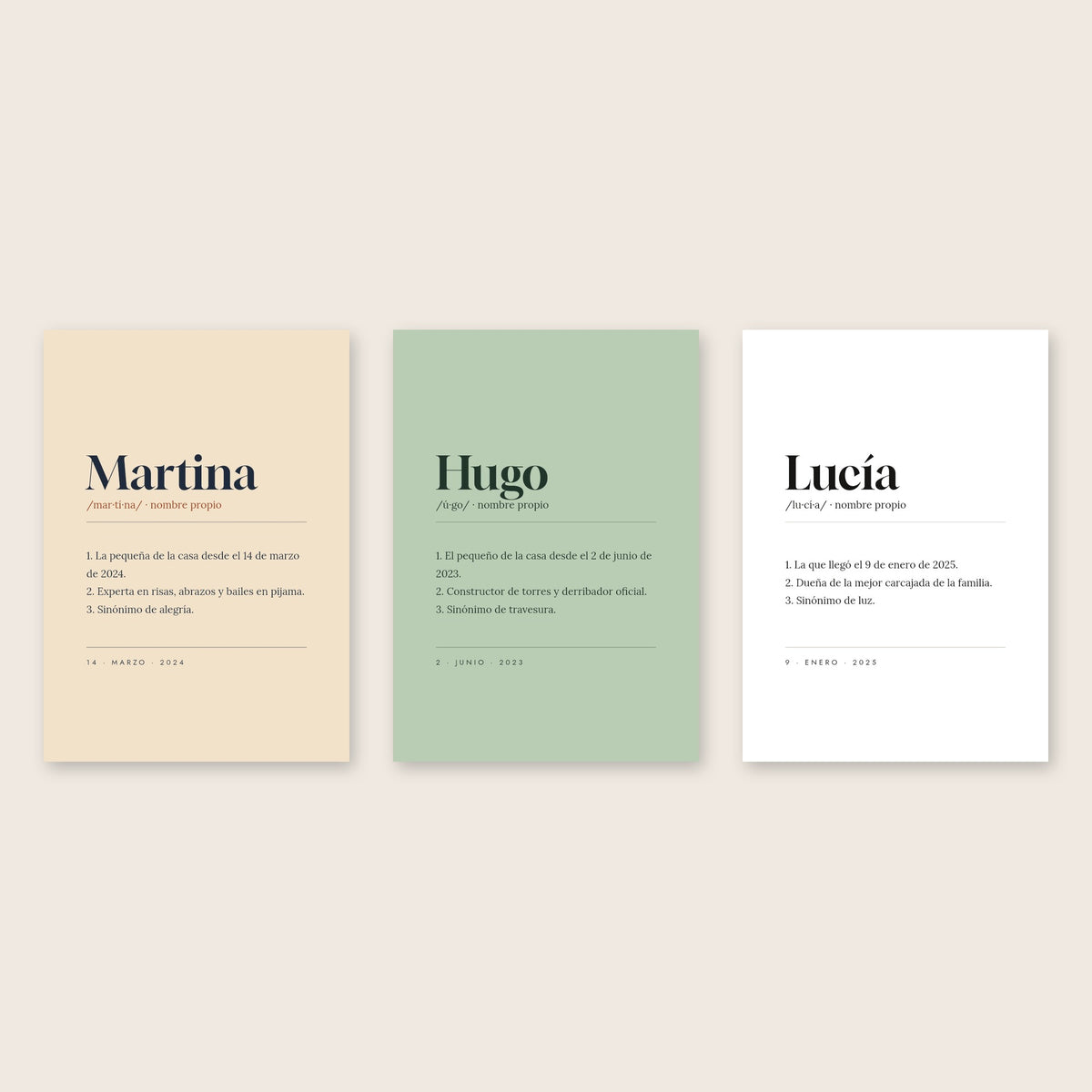 Cuadro definición del nombre: el mismo diseño en latte, salvia y blanco