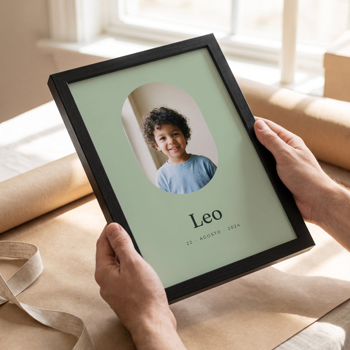 Cuadro con foto y nombre del niño en las manos, listo para regalar