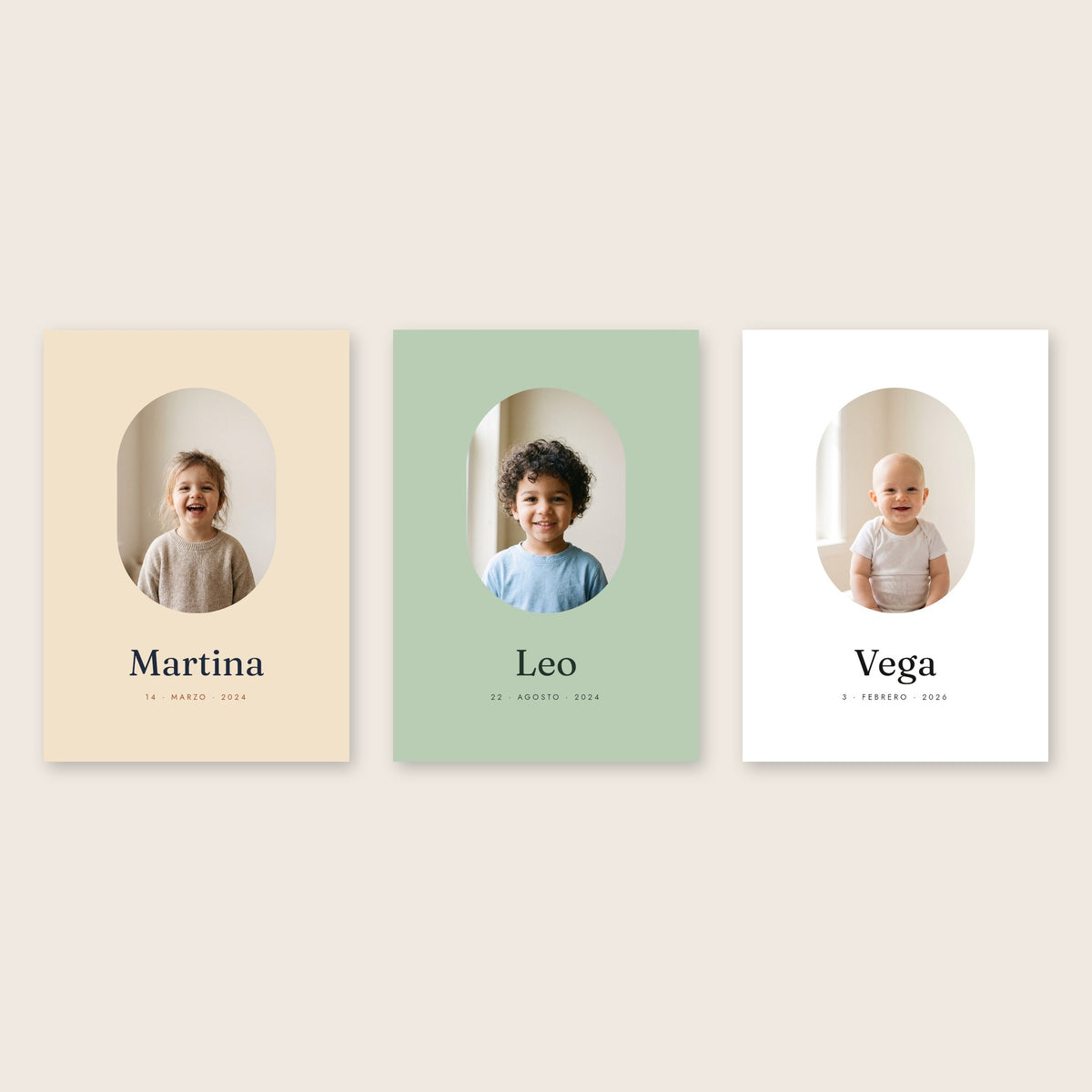 Cuadro infantil con foto y nombre: el mismo diseño en latte, salvia y blanco