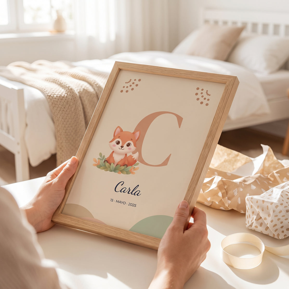 Cuadro personalizado con inicial C, zorrito y nombre para regalar en un nacimiento