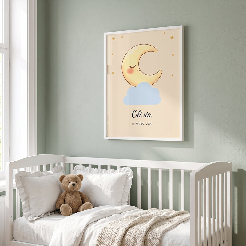 Cuadro infantil personalizado con luna dormida sobre una nube, nombre y fecha, marco blanco encima de la cuna