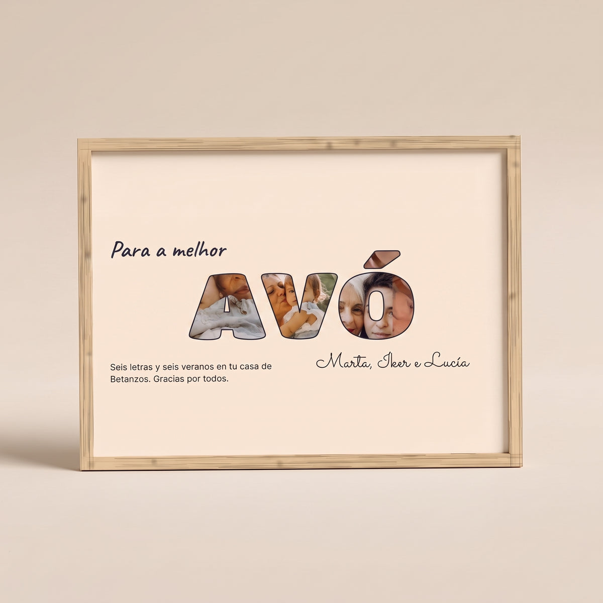 Quadro personalizado Para la mejor ABUELA con una foto dentro de cada letra, con marco de madera