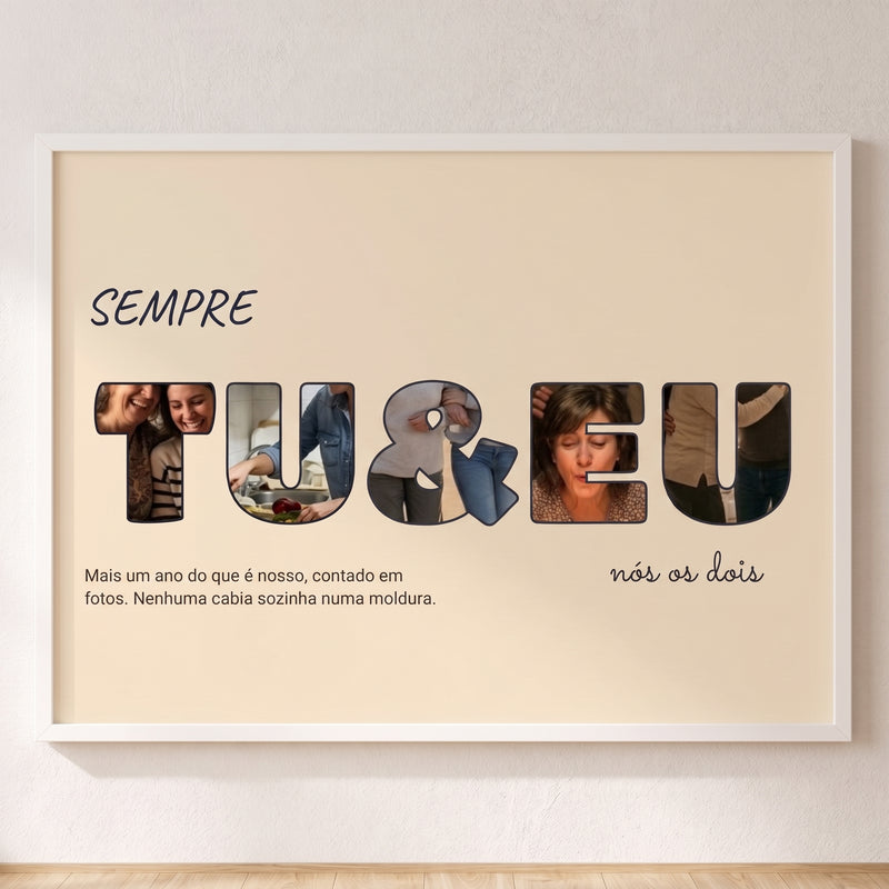 Cuadro letras con fotos personalizado de aniversario con una foto dentro de cada letra de TÚ&YO, colgado en una pared clara