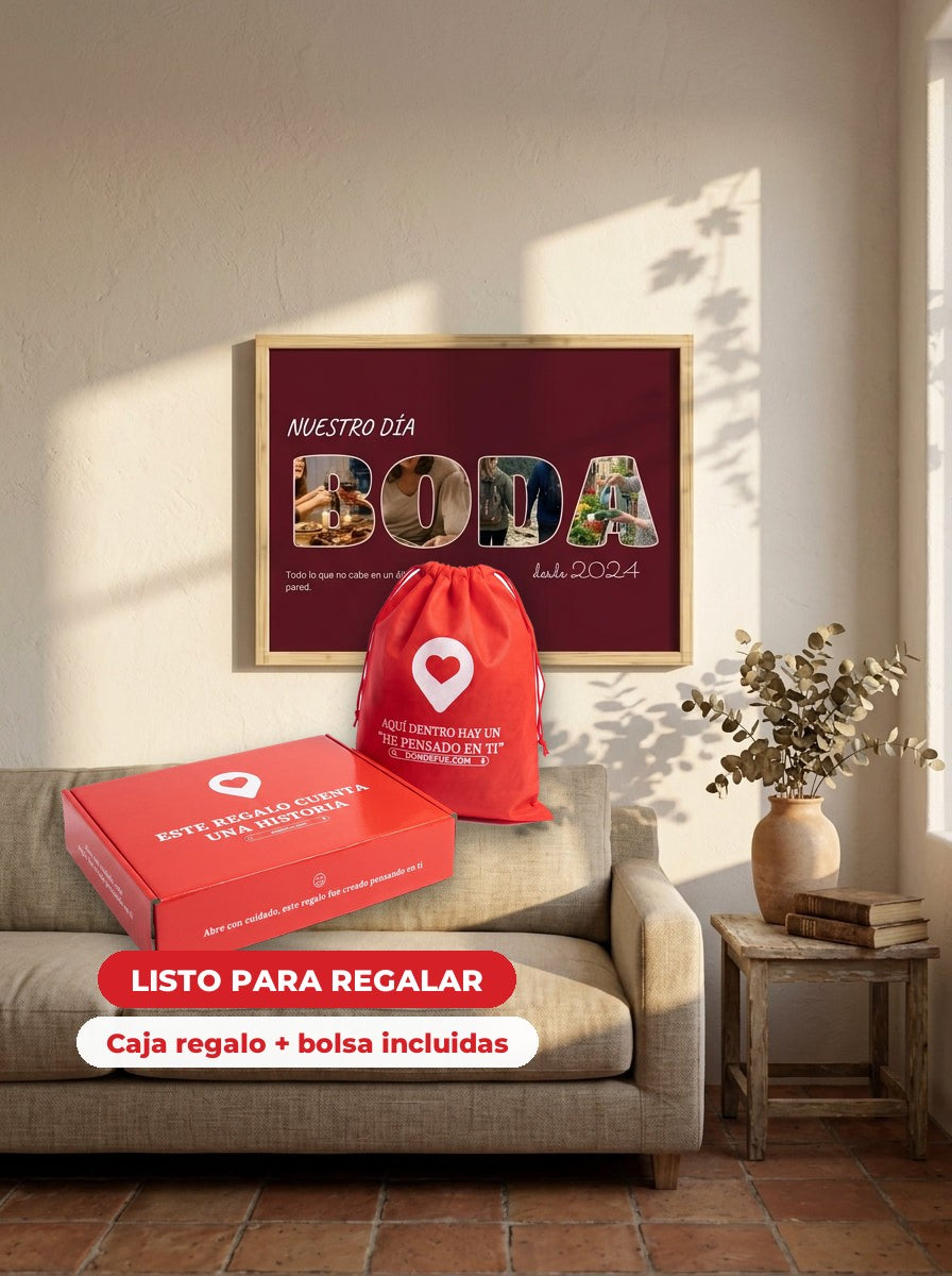 Cuadro letras con fotos personalizado boda — llega en su caja regalo con bolsa, listo para regalar