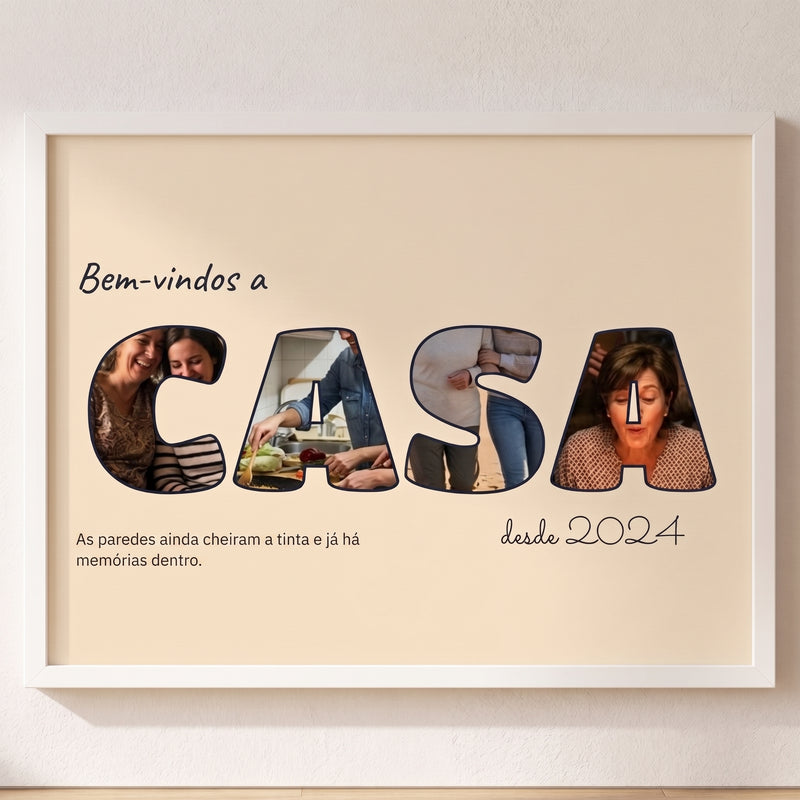 Cuadro letras con fotos personalizado de casa nueva con una foto dentro de cada letra de CASA, colgado en una pared clara