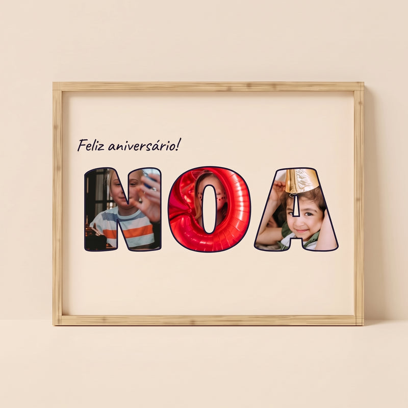 Quadro personalizado con el nombre NOA relleno de fotos de aniversário, con marco de madera