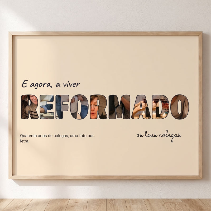 Cuadro letras con fotos personalizado de jubilación con una foto dentro de cada letra de JUBILADO, colgado en una pared clara