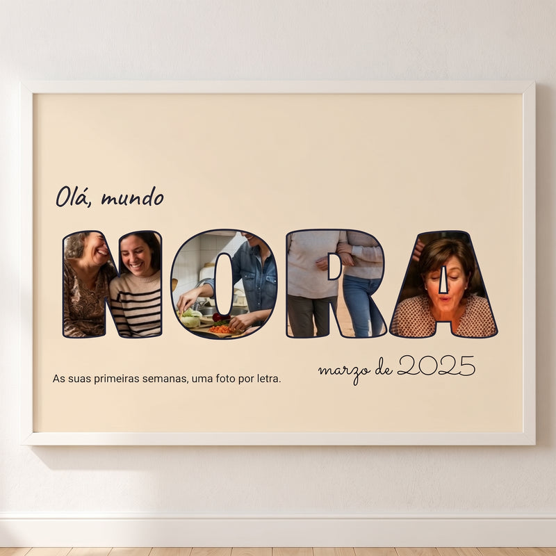 Cuadro letras con fotos personalizado de nacimiento con una foto dentro de cada letra de su nombre, colgado en una pared clara