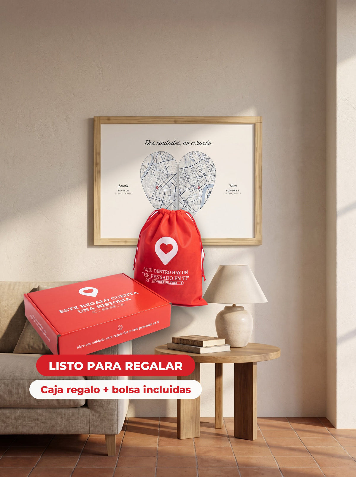 Cuadro Lugar Pareja a Distancia Personalizado — llega en su caja regalo con bolsa, listo para regalar