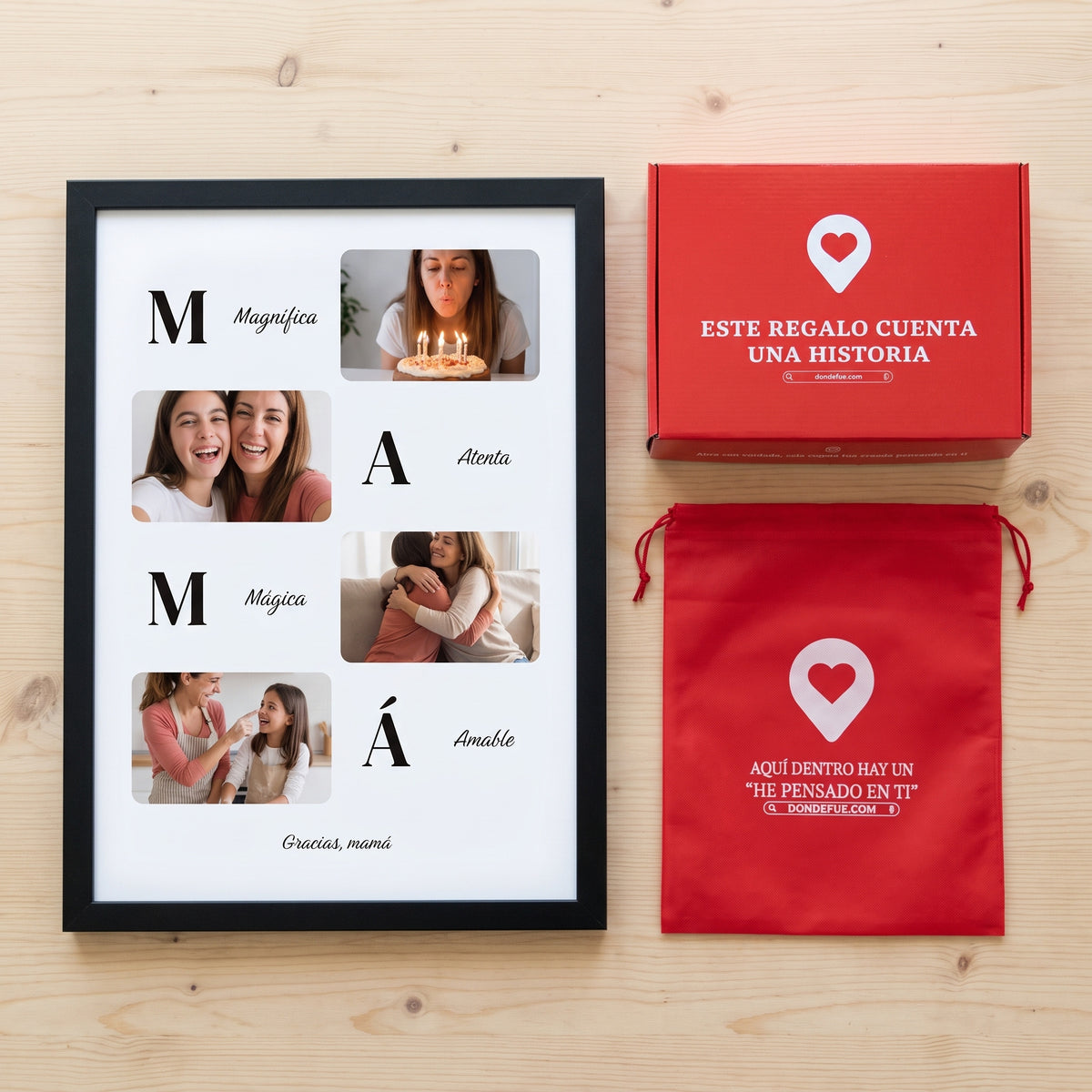 Cuadro Mamá con adjetivos personalizado (Magnífica · Atenta · Mágica · Amable · Gracias, mamá) junto a la caja roja y la bolsa de tela roja en que se envía