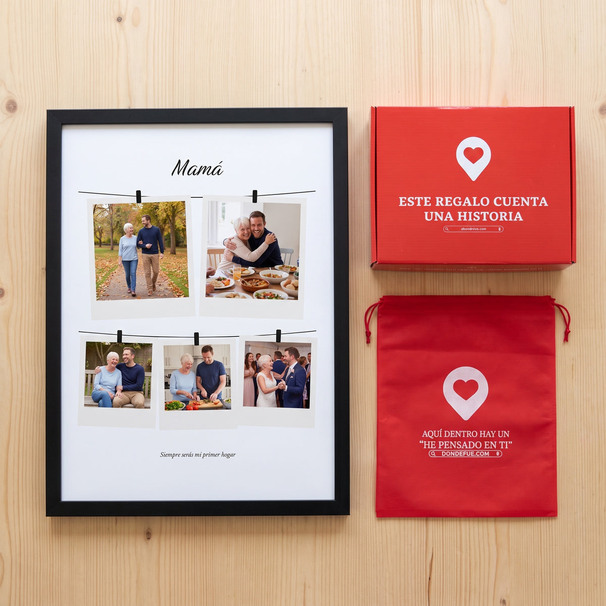 Cuadro collage de mamá personalizado (Mamá · Siempre serás mi primer hogar) junto a la caja roja y la bolsa de tela roja en que se envía