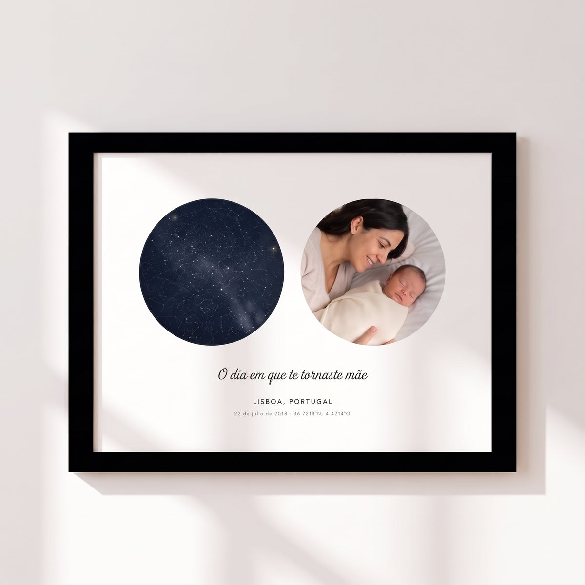 Cuadro apaisado El día que fuiste mamá con el cielo de Málaga del 22 de julio de 2018 y la foto de una madre con su bebé, con marco negro