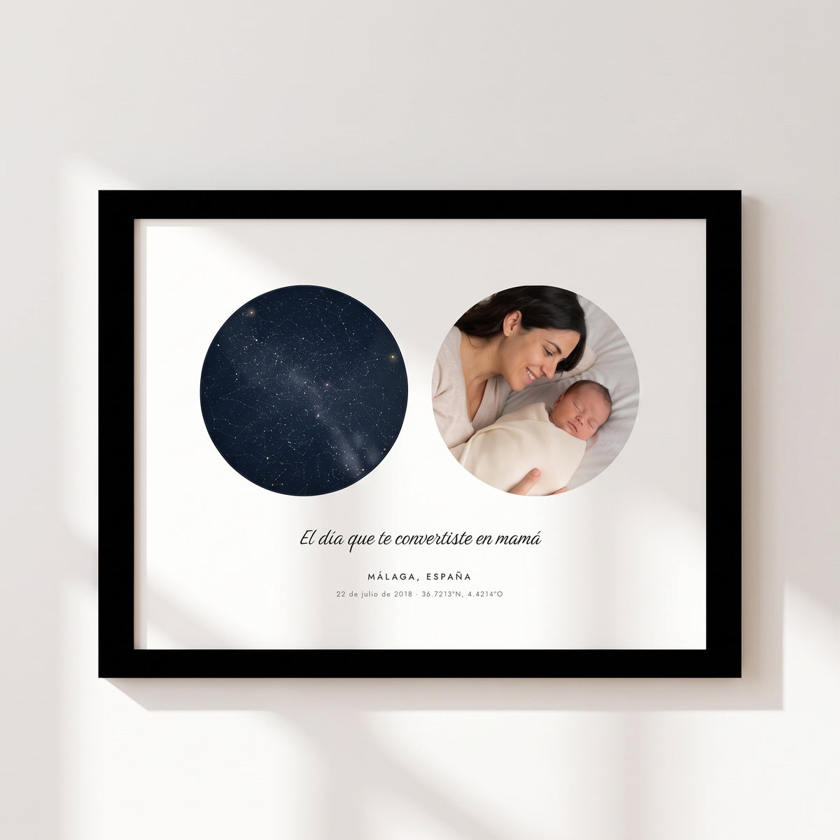 Cuadro apaisado El día que fuiste mamá con el cielo de Málaga del 22 de julio de 2018 y la foto de una madre con su bebé, con marco negro