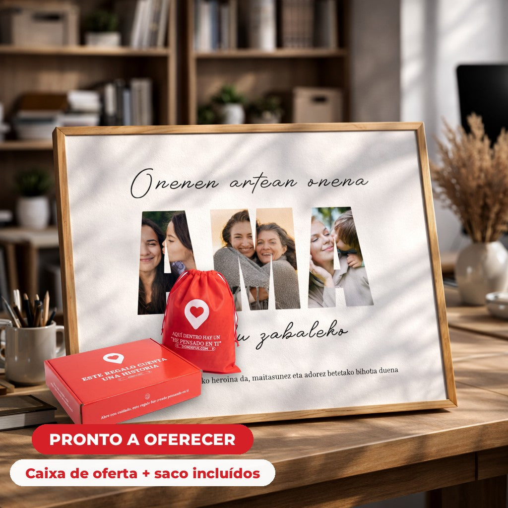 Cuadro Mamá Letras Euskera — llega en su caja regalo con bolsa, listo para regalar