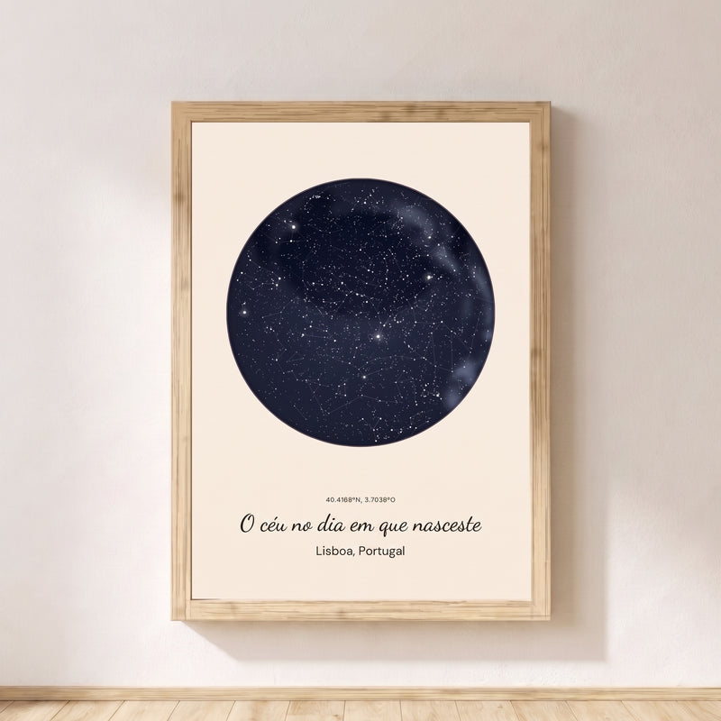 Cuadro mapa estelar personalizado aniversário con marco de madera, el cielo del día en que nació