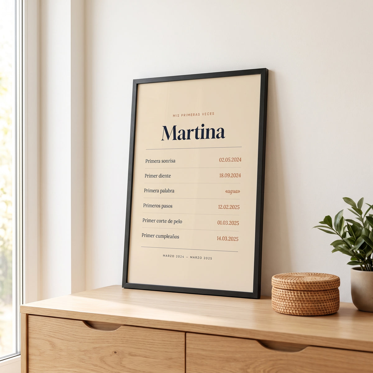 Cuadro «Mis primeras veces» personalizado con el nombre Martina, marco negro, en un dormitorio infantil