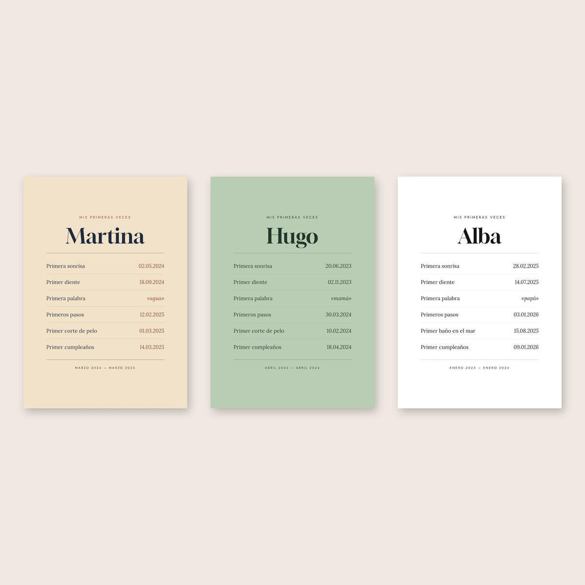 Cuadro «Mis primeras veces» personalizado en tres colores de papel: latte, salvia y blanco