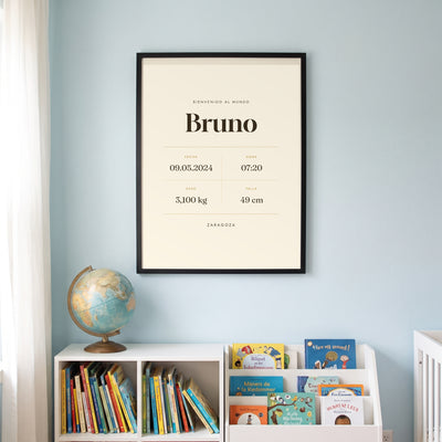 Quadro de nascimento personalizado com nome, data, hora, peso e altura