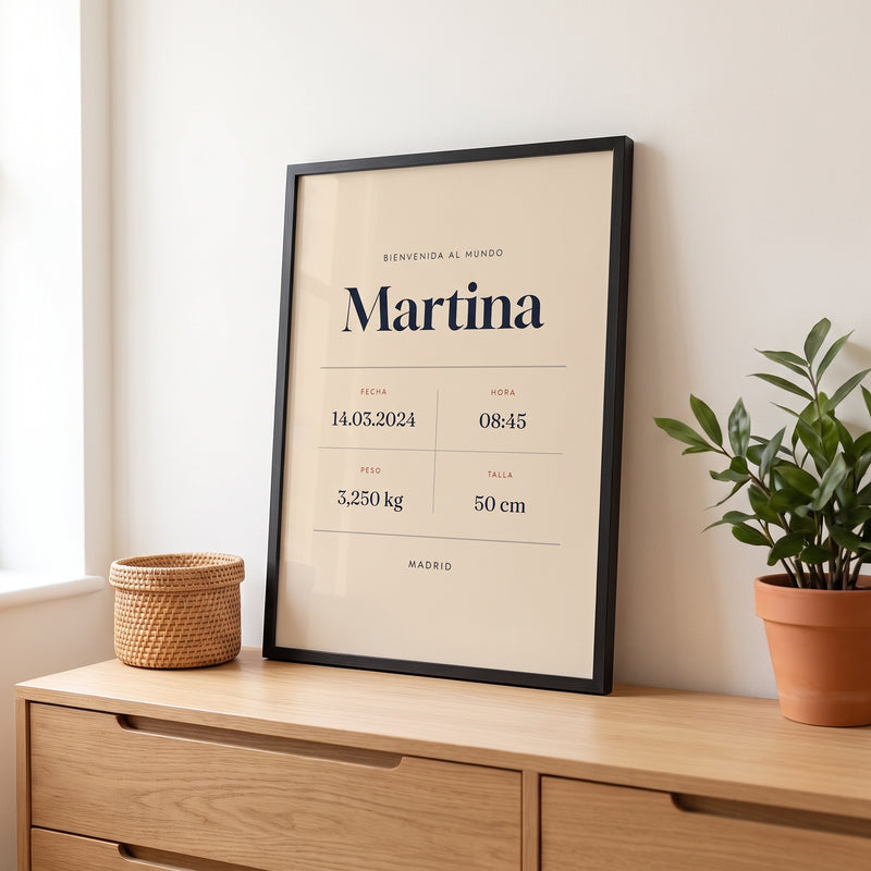 Lámina de nacimiento personalizada con nombre, fecha, hora, peso y talla en marco negro