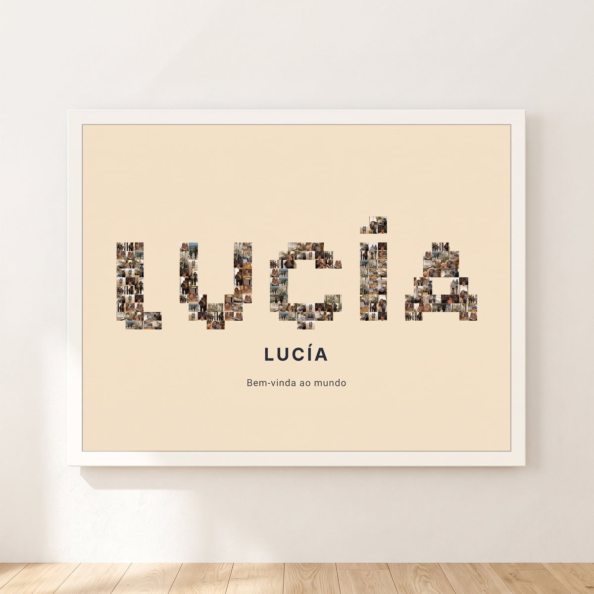 Cuadro nombre con fotos personalizado de bebé con el nombre del bebé relleno de fotografías, colgado en una pared clara