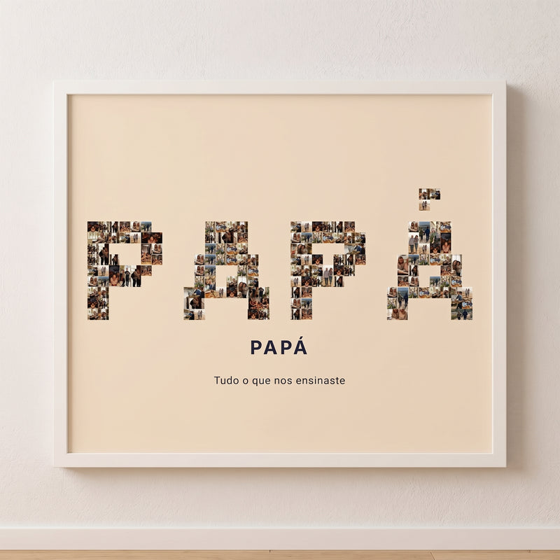 Cuadro nombre con fotos personalizado del Dia do Pai con PAPÁ o ABUELO relleno de vuestras fotos, colgado en una pared clara