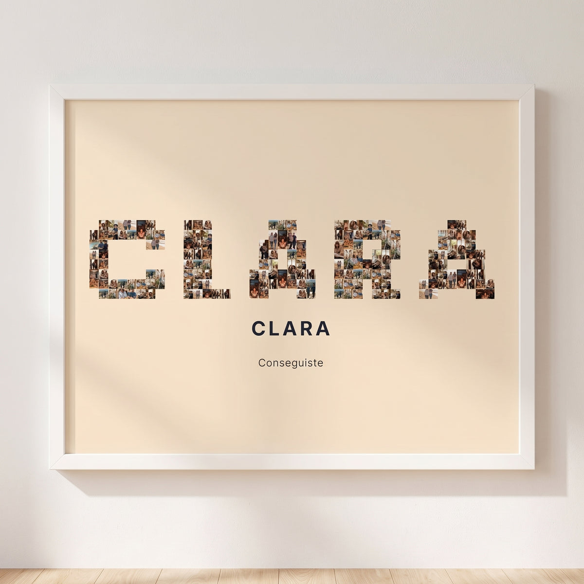 Cuadro nombre con fotos personalizado de graduación con su nombre relleno de las fotos de la carrera, colgado en una pared clara