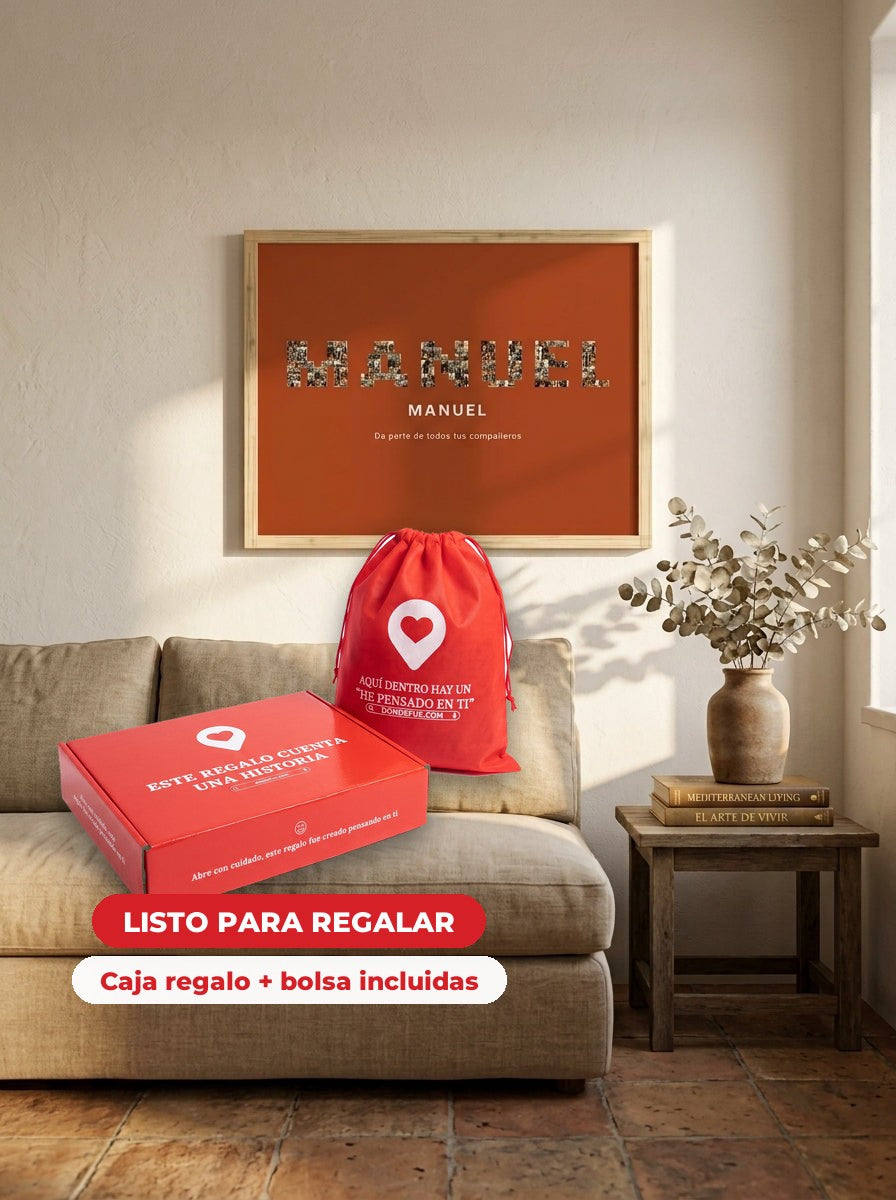 Cuadro nombre con fotos personalizado jubilación — llega en su caja regalo con bolsa, listo para regalar