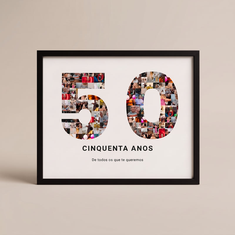 Quadro personalizado del número 50 relleno de fotos con el texto cincuenta años, con marco negro